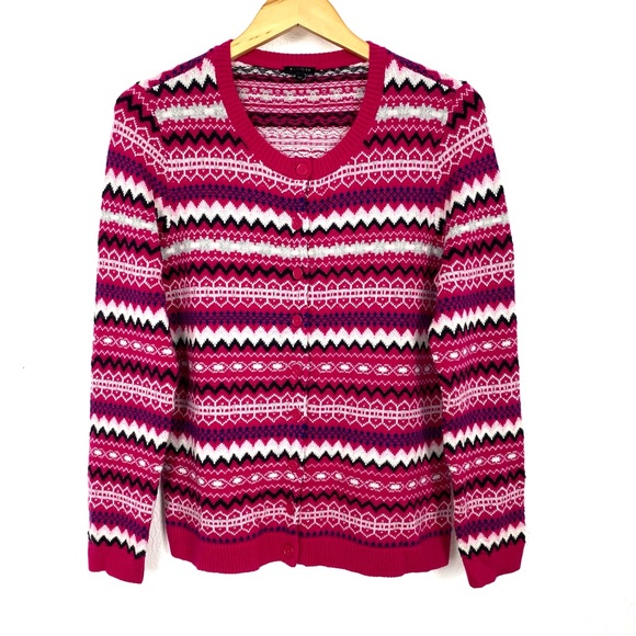 Talbots Pink Fair Isle Nordic Style Lambswool Blend Cardigan Sweater Size Medium - Picture 2 of 14
